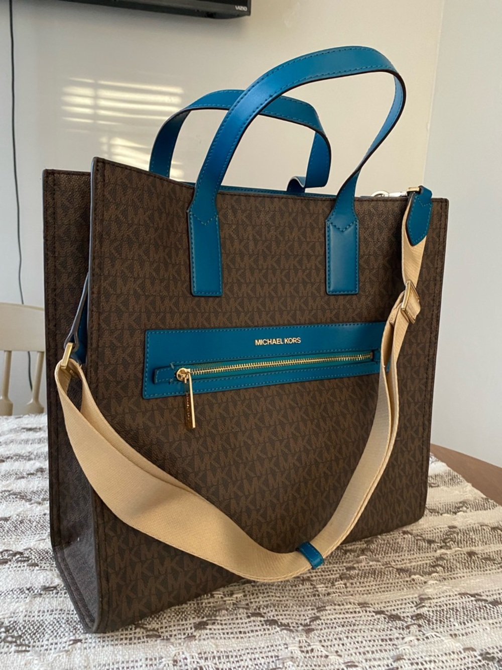 Michael Kors Teal-Trim Brown Monogram Tote with Gold Hardware